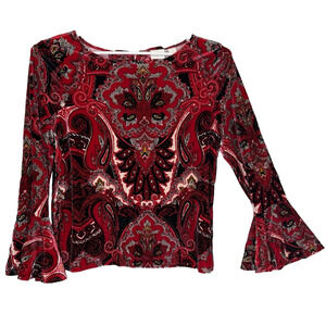 Chico's Pullover Top Women's Size 1 Red Paisley Print Velour Long Bell Sleeve